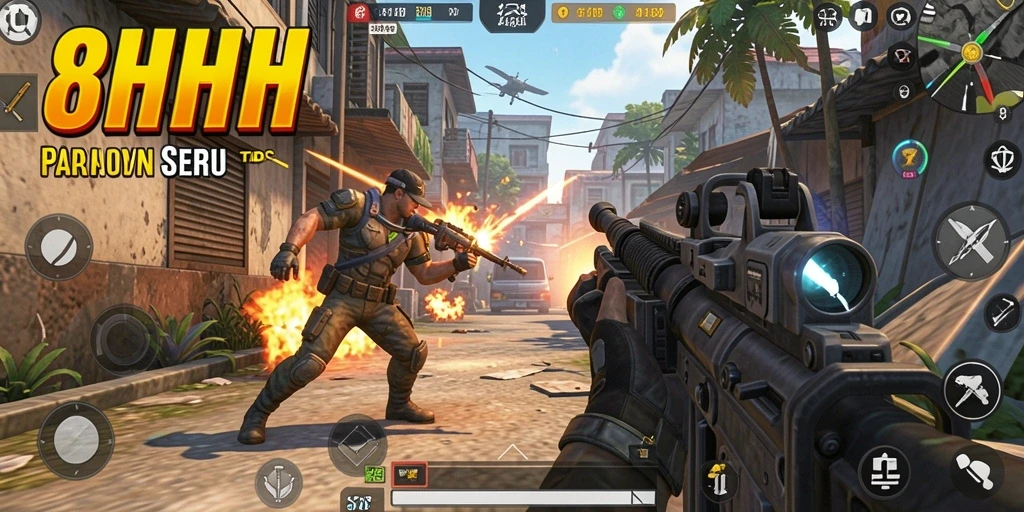 Screenshot gameplay 8HHH yang menampilkan aksi tembak-menembak seru.