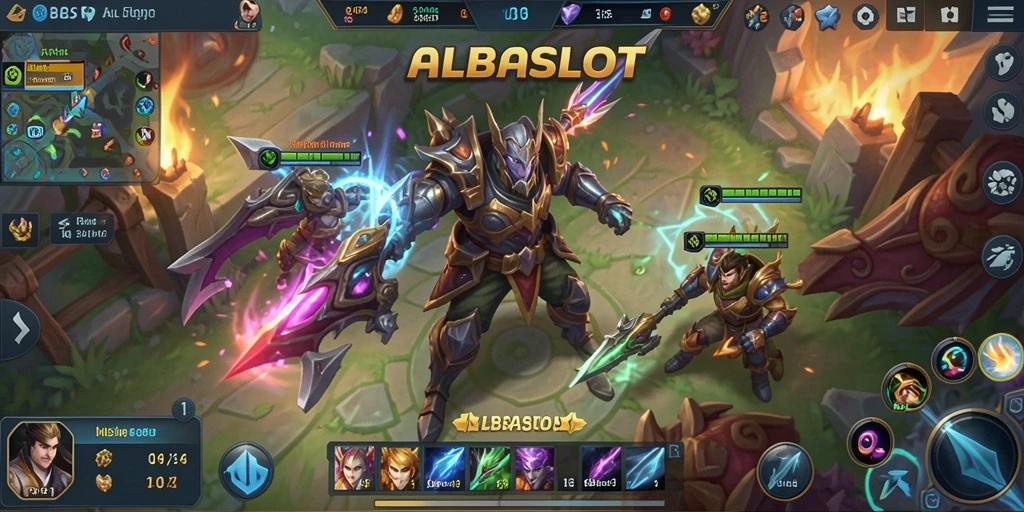 Tampilan seru gameplay ALBASLOT dengan aksi pertempuran MOBA.