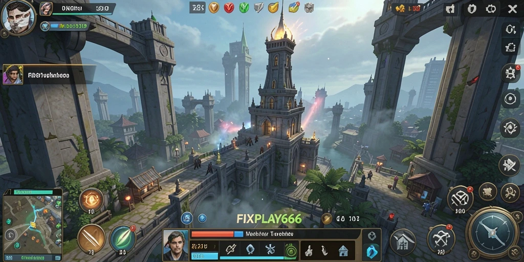 Screenshot gameplay FIXPLAY666 menampilkan menara dan musuh yang beragam.
