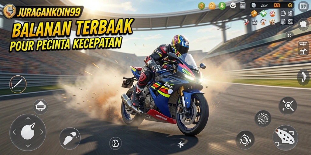 Tampilan gameplay seru JURAGANKOIN99 saat balapan motor.