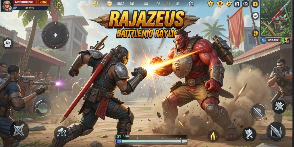 Tangkapan layar menampilkan aksi seru dalam RAJAZEUS Battle Royale.