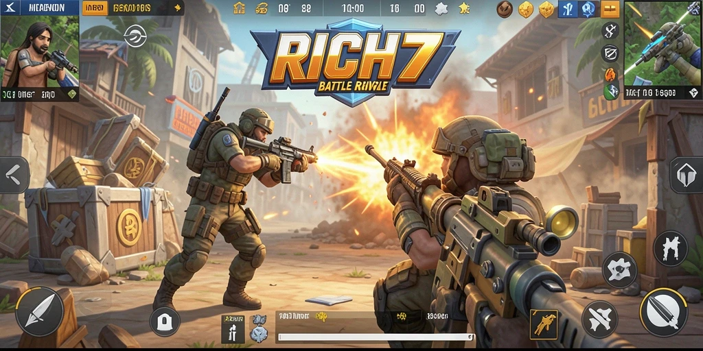 Screenshot RICH7 menunjukkan intensitas gameplay Battle Royale yang mendebarkan.