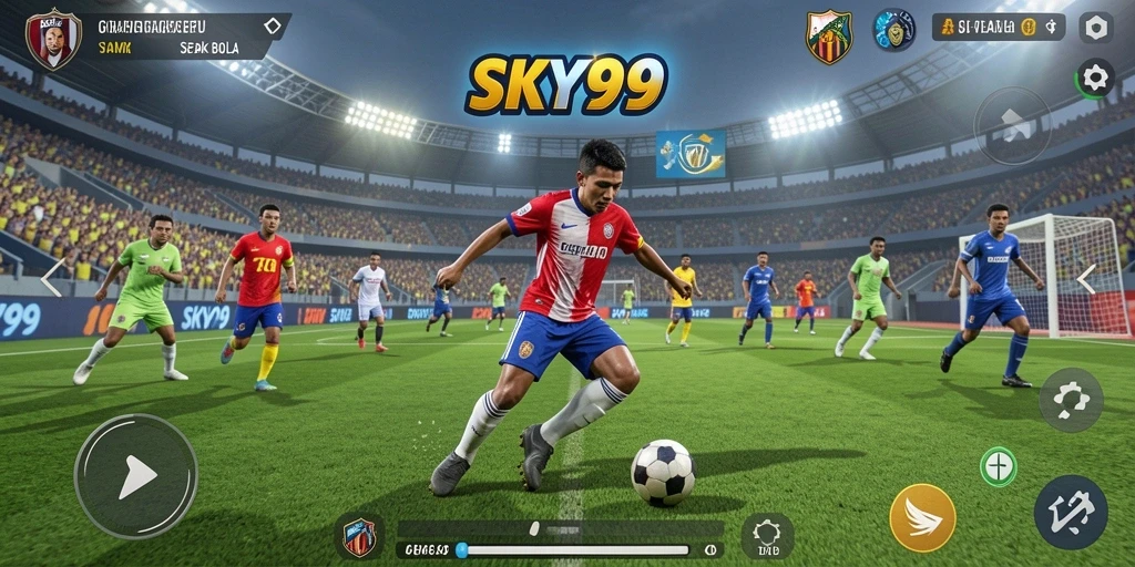 Tangkapan layar gameplay <strong>SKY99</strong> memperlihatkan aksi mendebarkan di lapangan sepak bola.