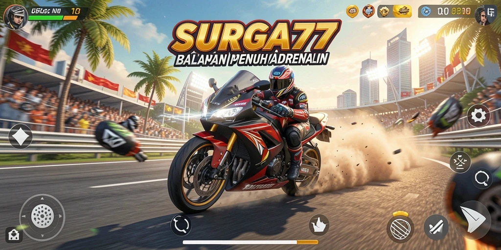 Tampilan gameplay balapan motor yang mendebarkan di SURGA77.