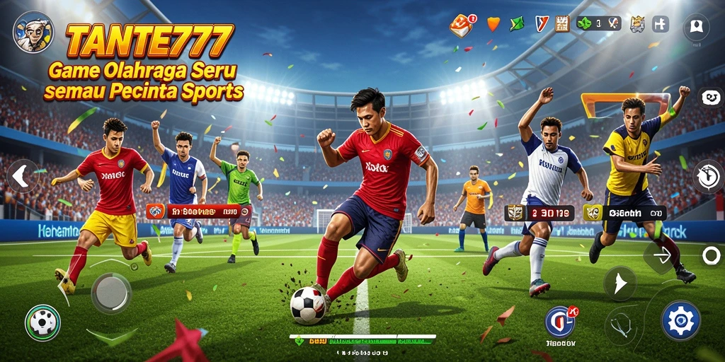 Tangkapan layar gameplay TANTE777 yang penuh aksi dan kompetisi olahraga.