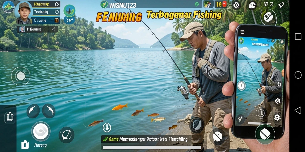 Gameplay WISNU123 saat menangkap ikan yang besar dan menantang.
