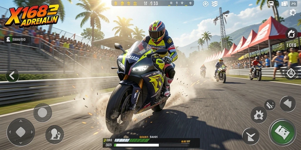 Tampilan gameplay balapan motor X168 yang mendebarkan.